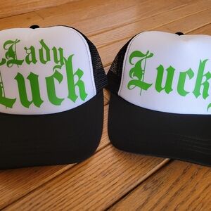 Black and White Couples Trucker Hats with Green 'Lady Luck' Print